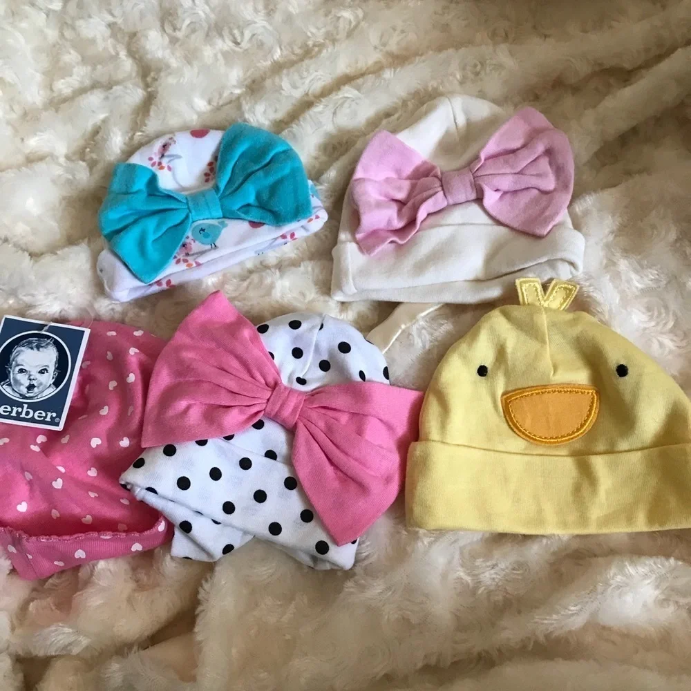 5 Piece Bundle Of Baby Girl Bow Beanie Cap Hats